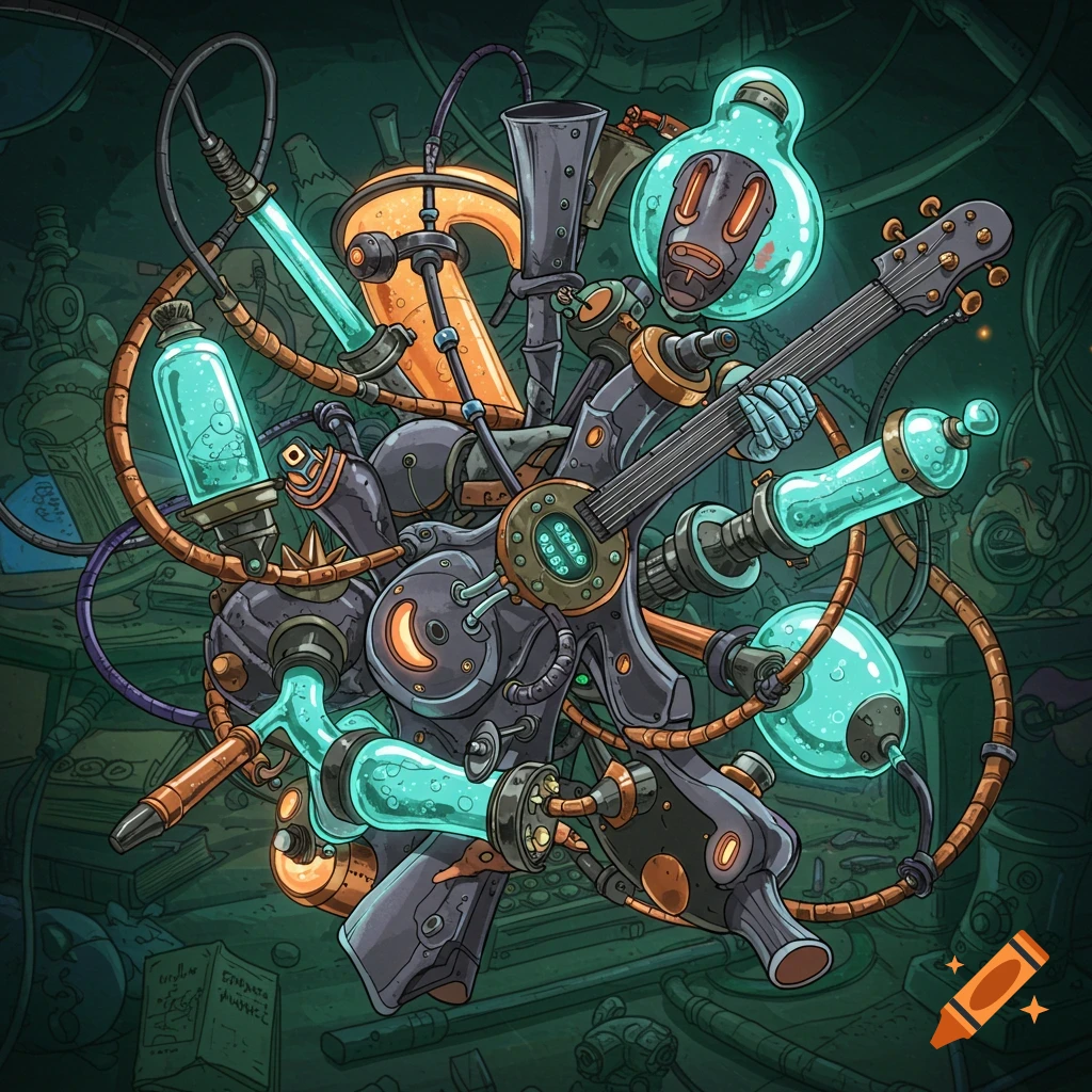 A bizarre sci-fi illustration of a mechanical contraption holding an electric guitar in a cluttered lab.