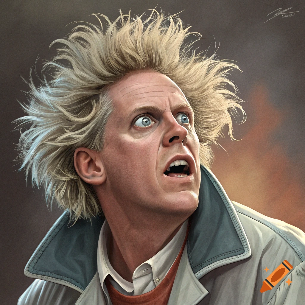 A man with wild hair and surprised expression