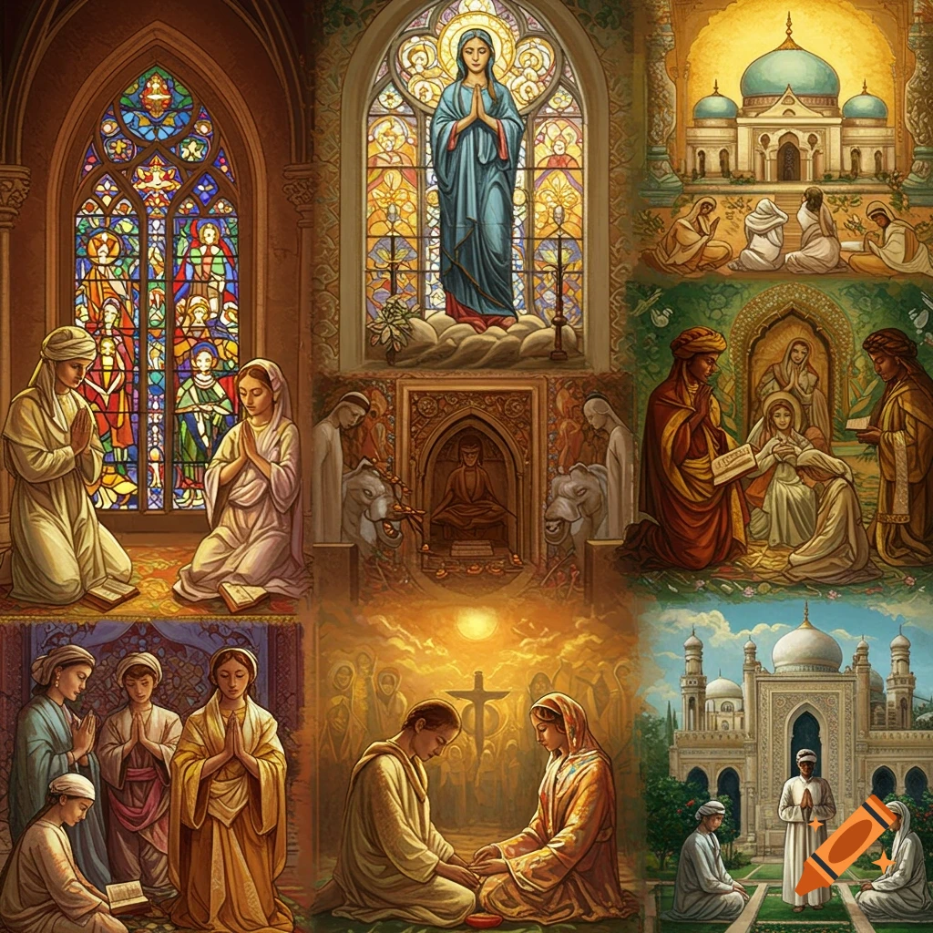 Collage showing scenes of various religions praying and religious buildings.