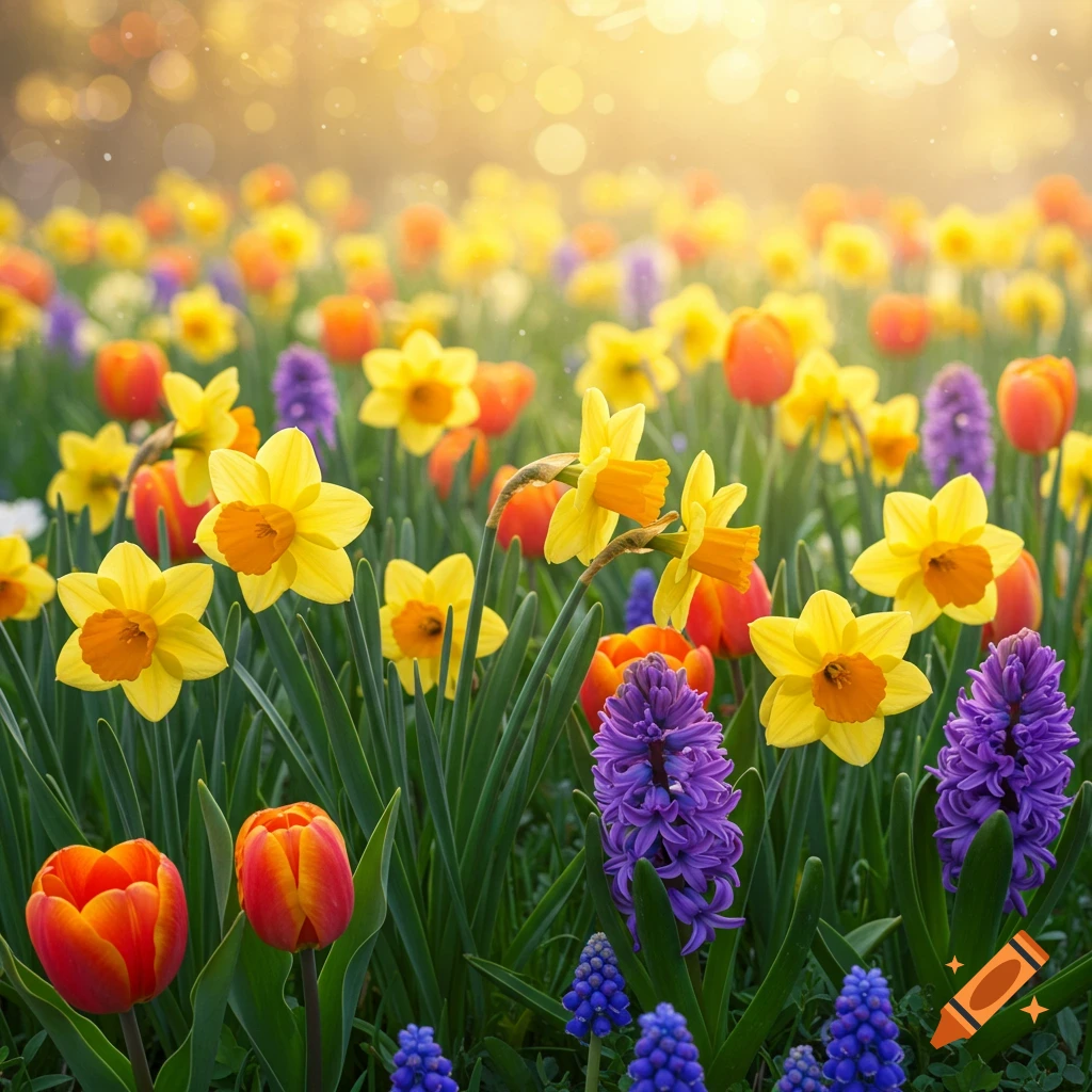 A field of colorful spring flowers including daffodils, tulips, and hyacinths under bright sunlight.