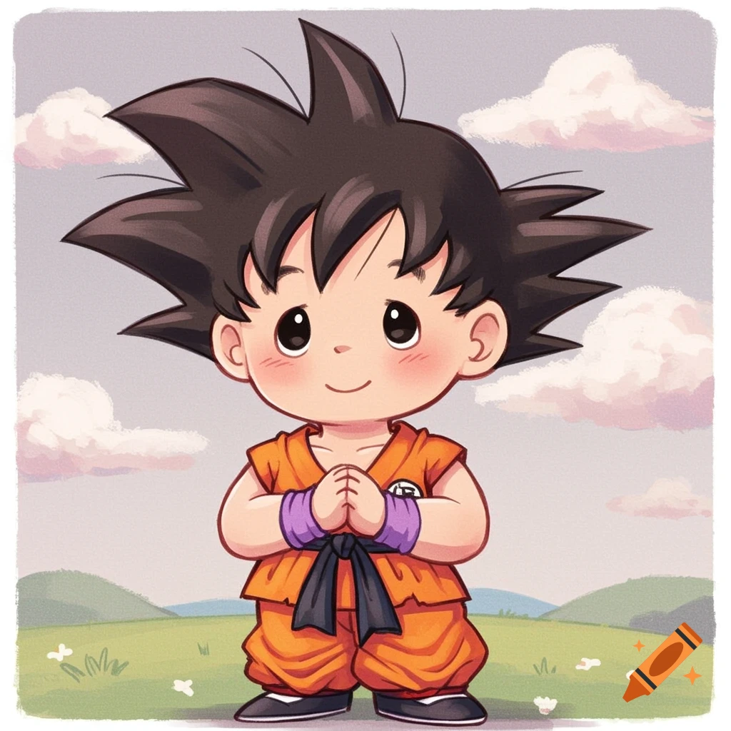 Cute chibi Goku in orange gi with hands clasped, standing in a grassy field under a cloudy sky.