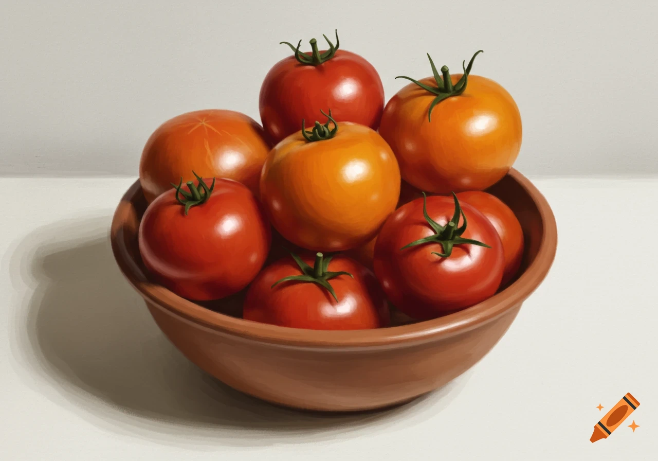 Red and orange tomatoes in a brown bowl.