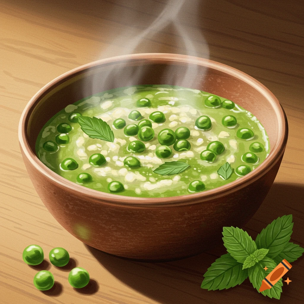 A steaming bowl of pea soup with mint leaves on a wooden table.