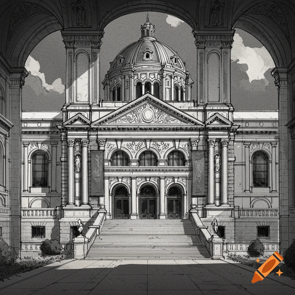 Architectural sketch of a large, classical museum building viewed through arches.