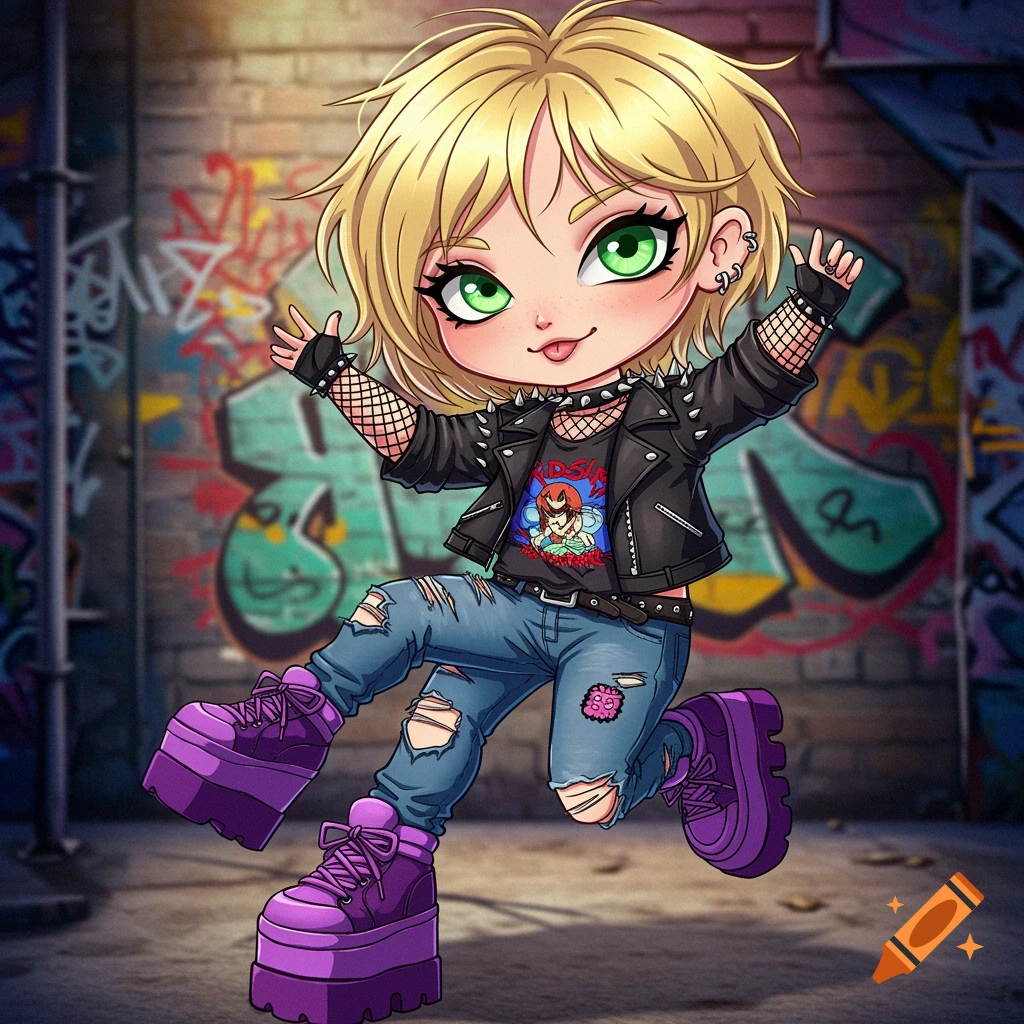 A chibi blonde girl in alternative rocker clothes and platform sneakers jumps in front of a graffiti wall.