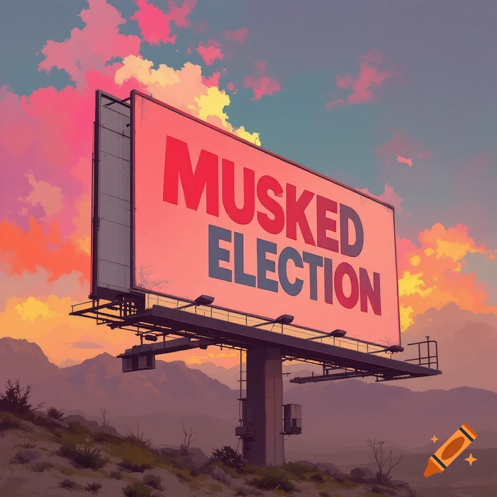 A billboard displays 'MUSKED ELECTION' in a sunset desert landscape.