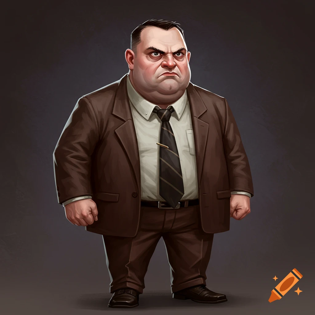 A scowling, stout man with short hair and a tie, wearing a brown suit.