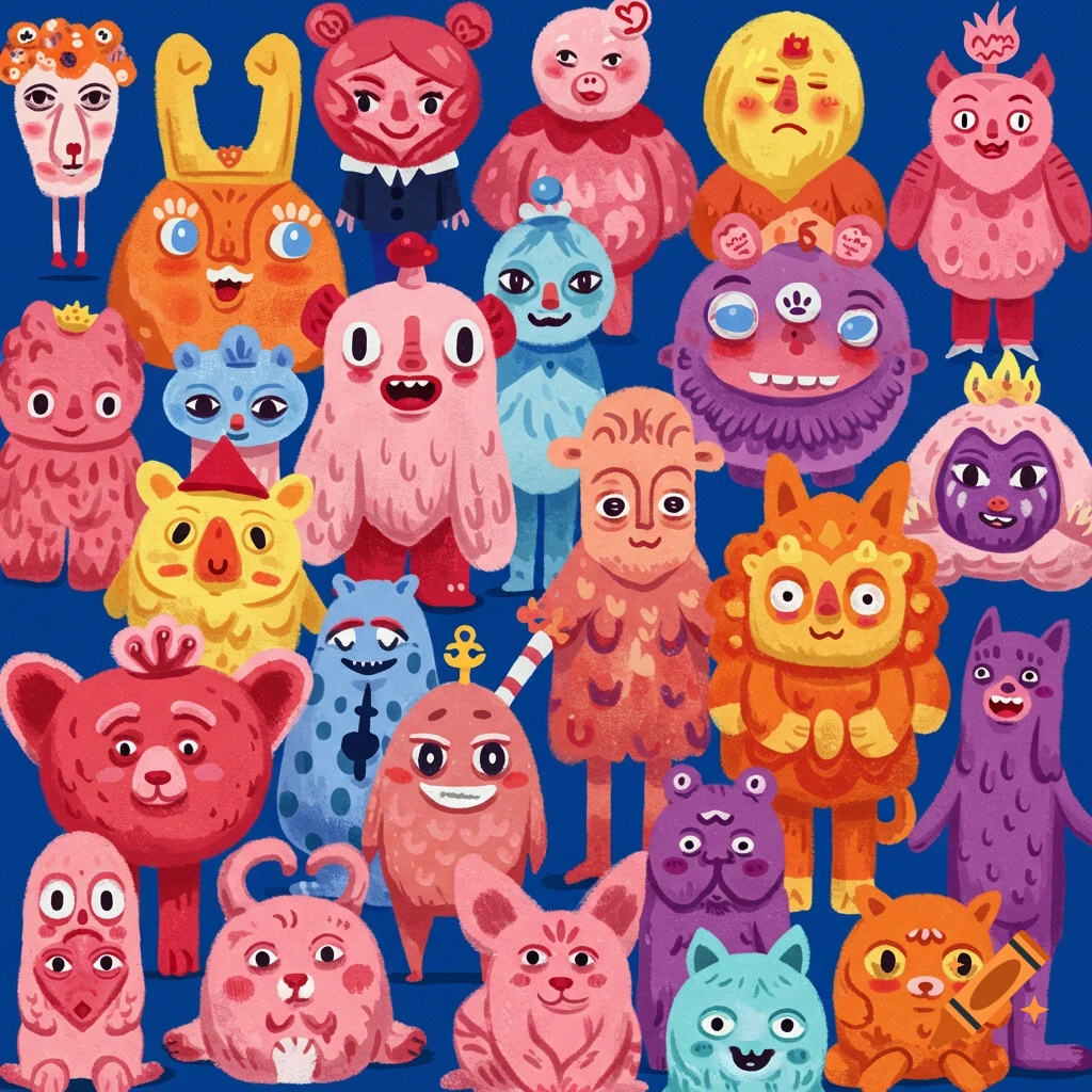 Colorful, stylized monsters against a blue background.