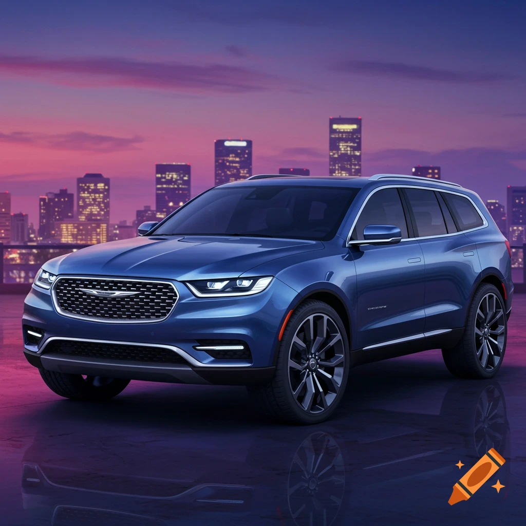 A blue concept SUV, possibly a Chrysler Aspen, sits on a reflective surface at sunset with a city skyline behind it.