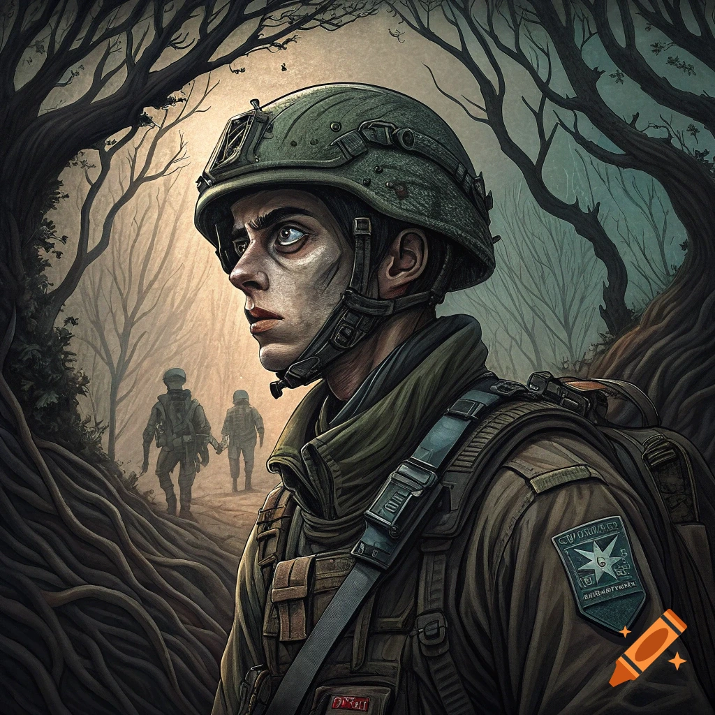 Close-up of a soldier in helmet and gear looking sideways in a dark forest, in a stylized art style.