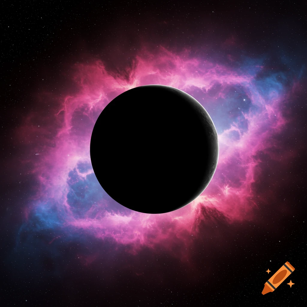 A dark planet silhouetted against a vibrant pink and blue nebula in deep space, digital art.