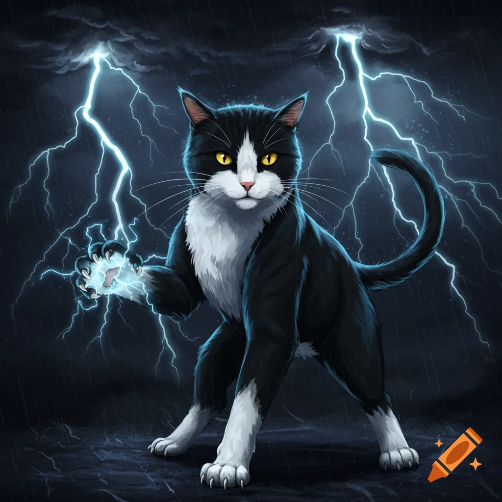 A tuxedo cat holding lightning in its paw during a storm.