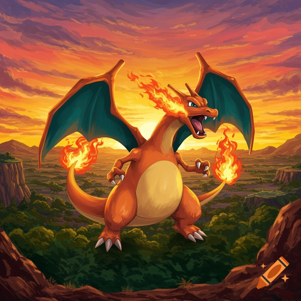 Charizard breathing fire at sunset.