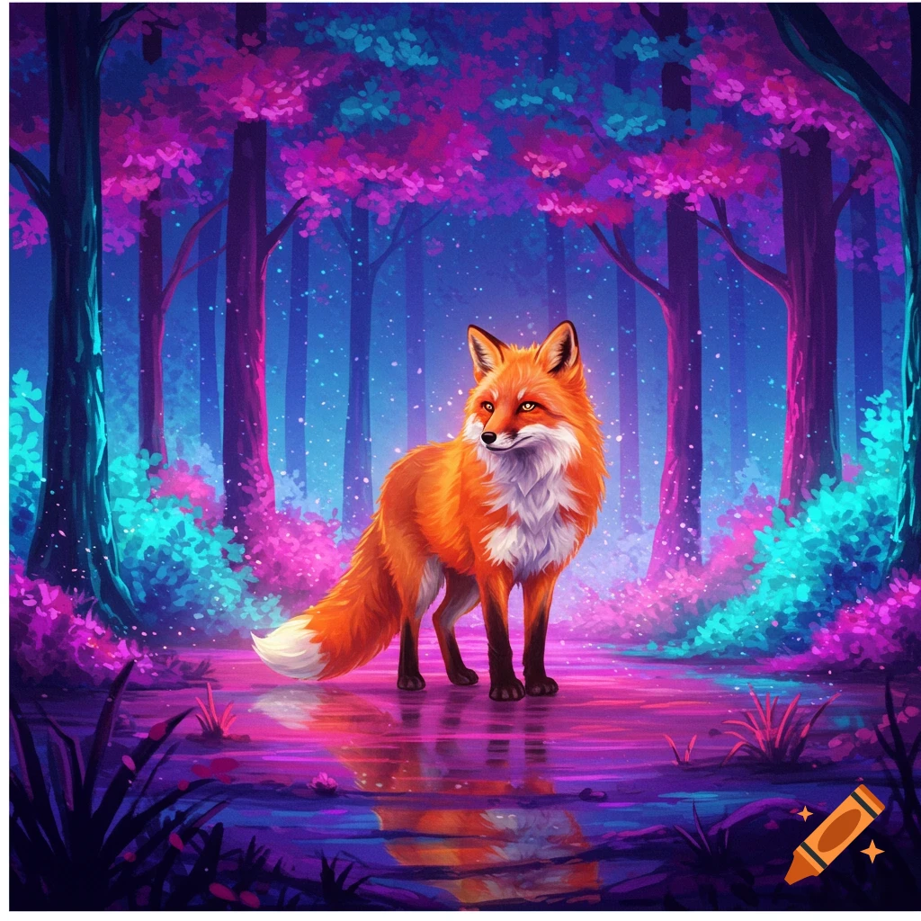 An orange fox standing in a glowing blue and purple forest.