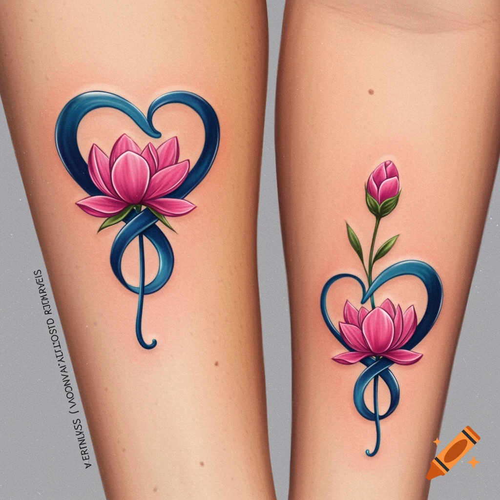 Matching blue heart and pink lotus flower tattoos on two arms, one with a blooming flower, the other a bud, in a stylized image.
