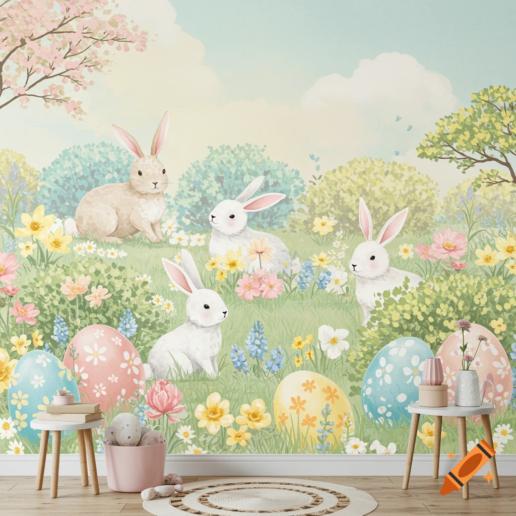 Watercolor illustration of bunnies and Easter eggs in a field of pastel flowers.
