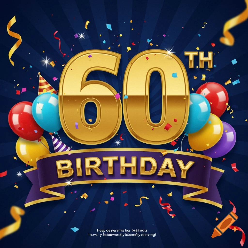 Golden 60th birthday graphic with balloons, confetti, and ribbon