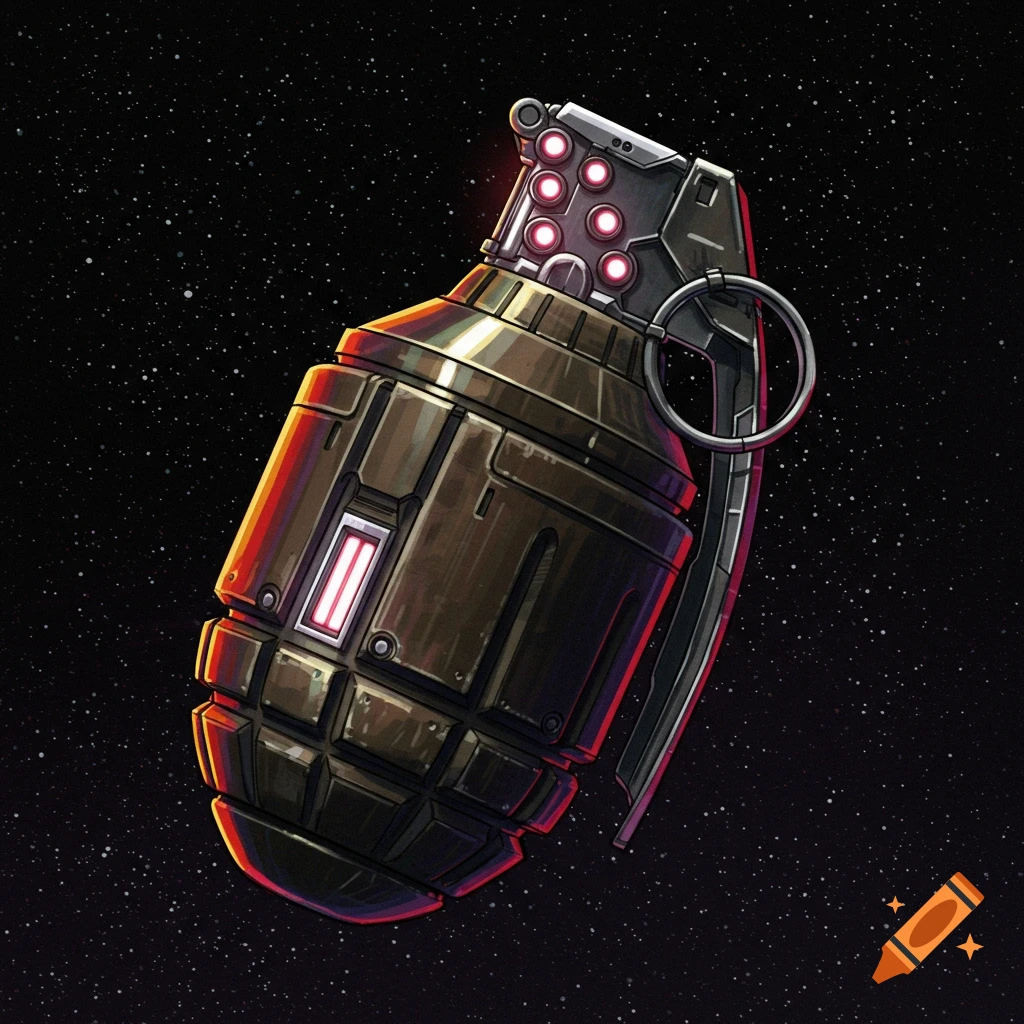 A futuristic grenade with glowing red lights floats in the vastness of space among scattered stars.