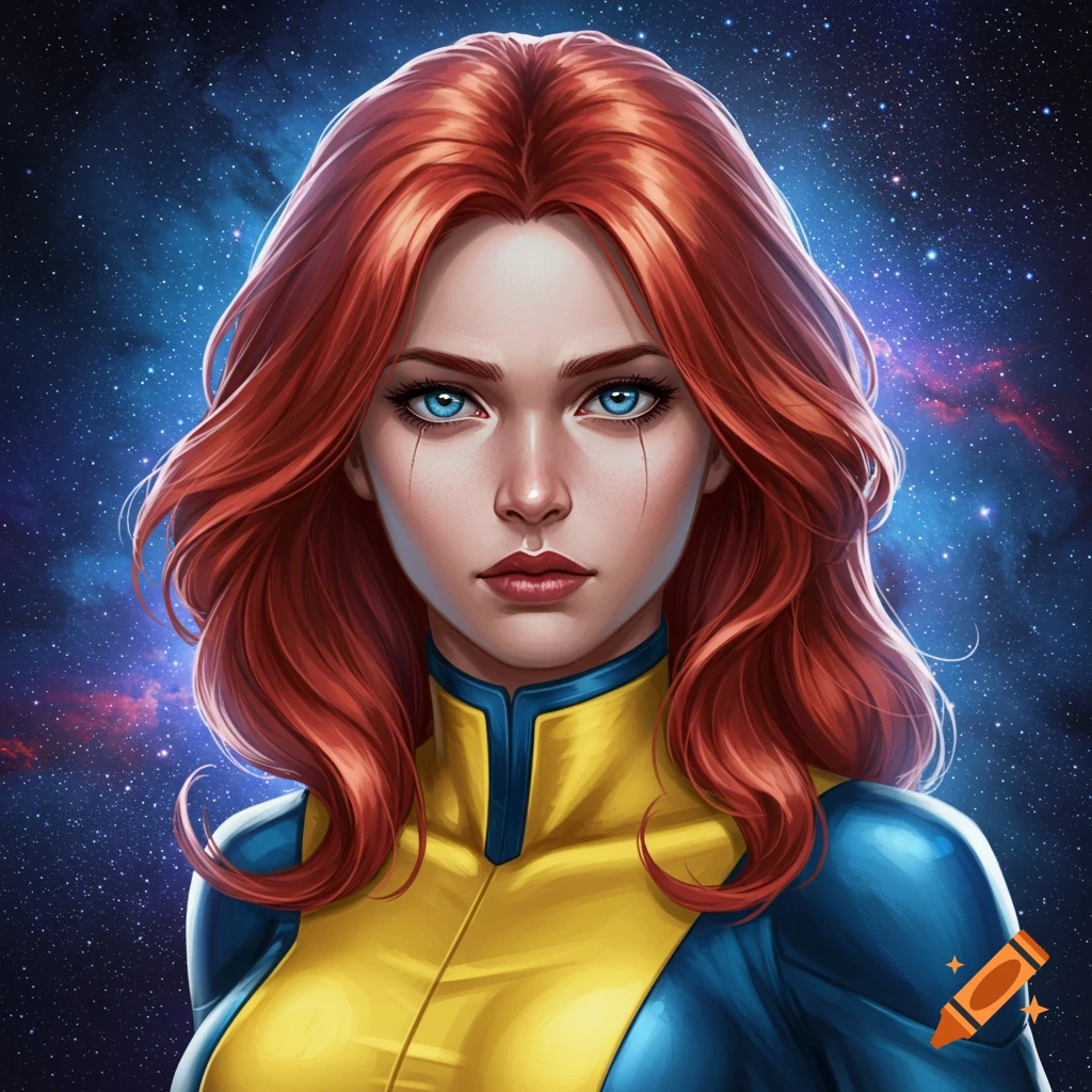 A woman with red hair in a yellow and blue suit is against a starry background