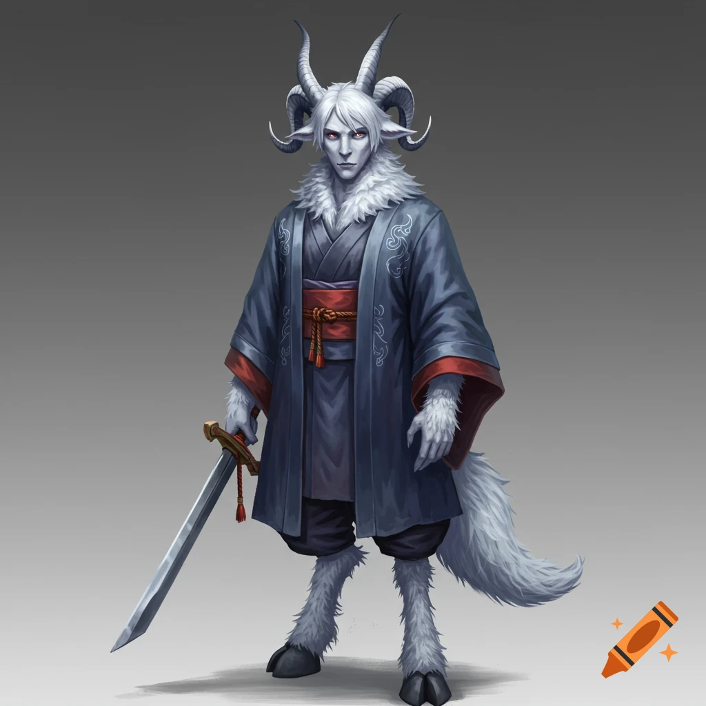 White horned creature in a blue robe holding a sword