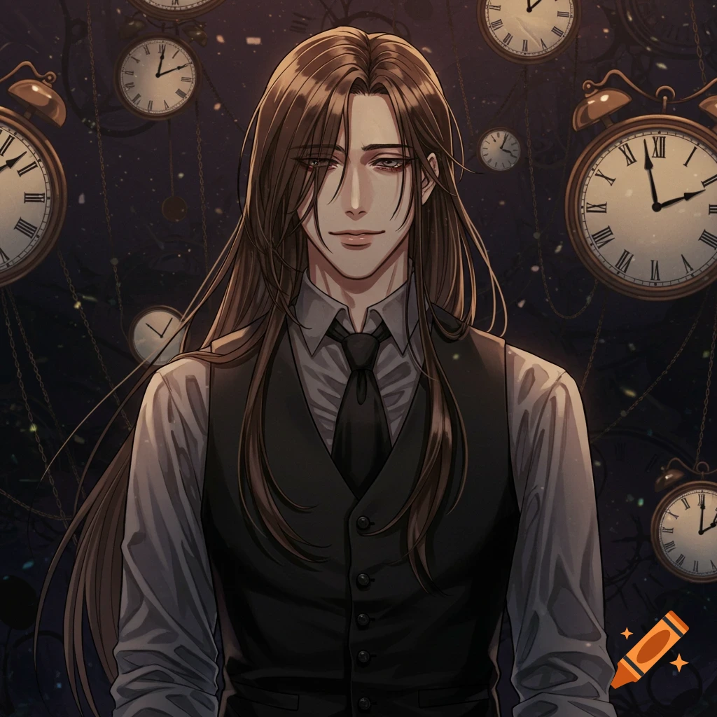 Manga illustration of a man in a suit vest standing among hanging clocks in a dark setting.