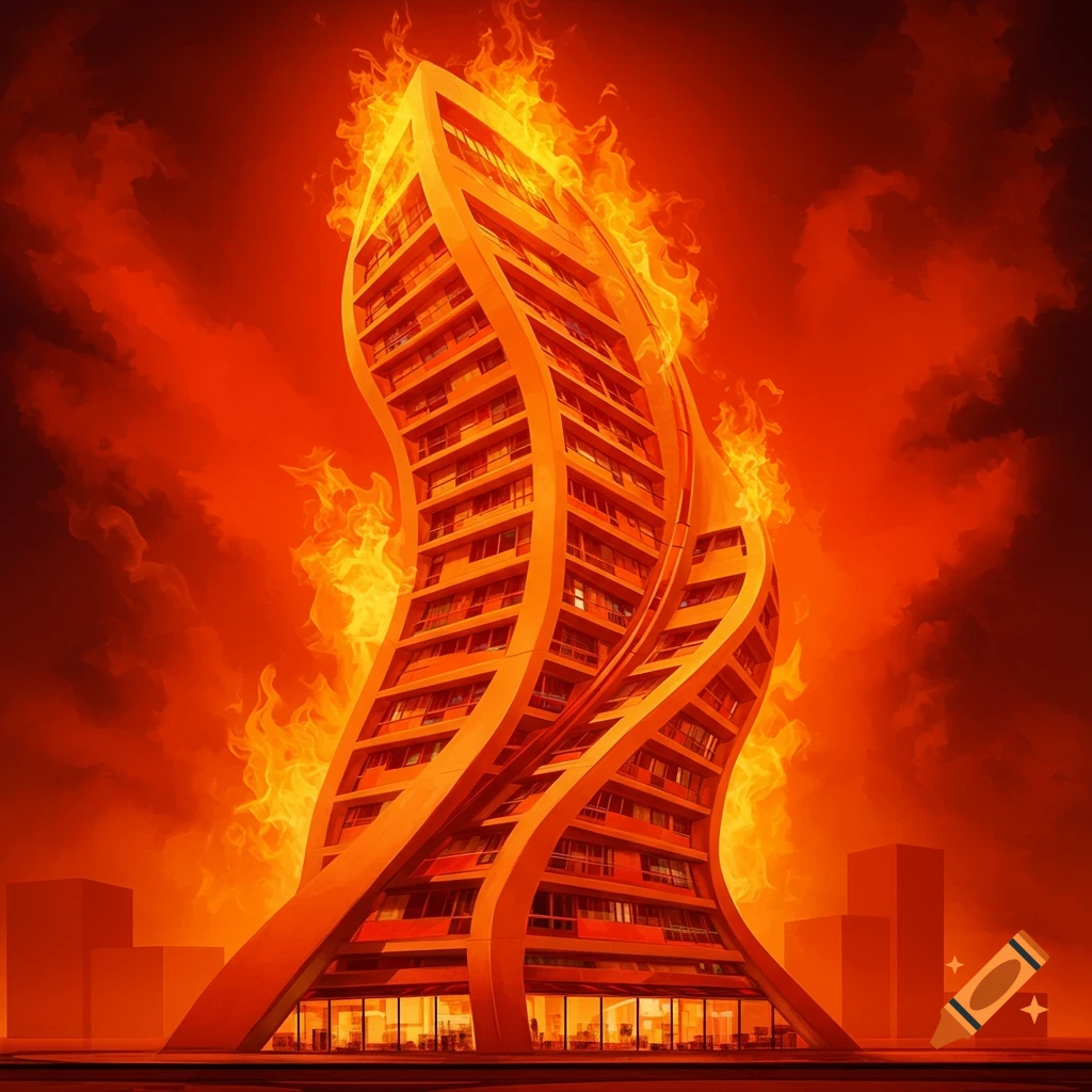 A tall, twisting building engulfed in flames against a red sky.