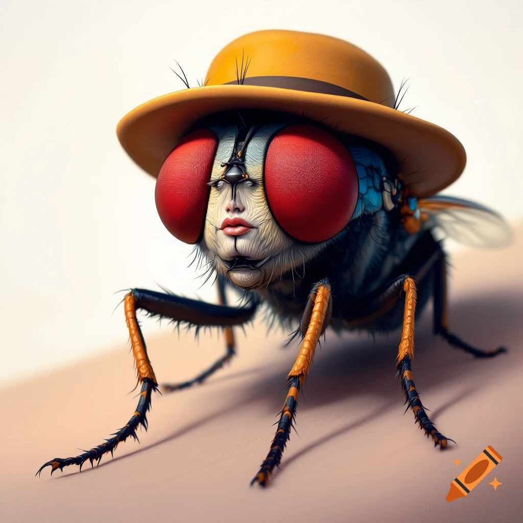 Close-up of a housefly wearing a yellow hat, with human lips and eyebrows.