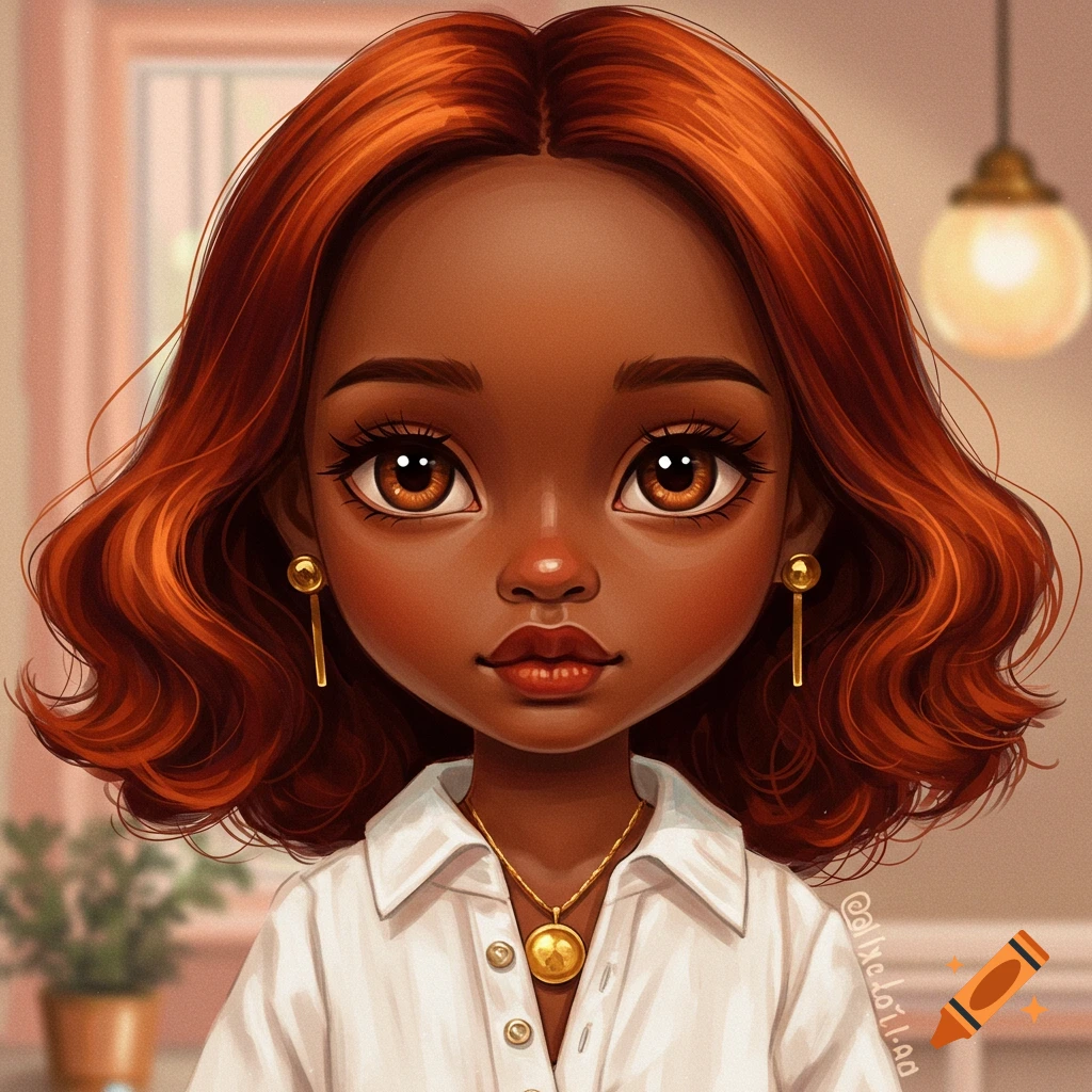 A Blyth doll with brown skin, reddish-brown hair, brown eyes, wearing a white shirt and gold necklace.
