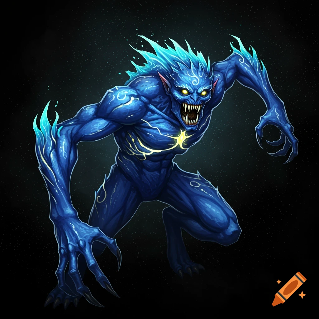 A blue monster with glowing eyes and claws.