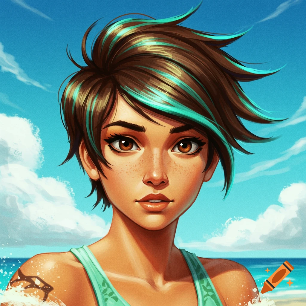 Stylized portrait of a young woman with short brown and turquoise hair, freckles, against an ocean background.