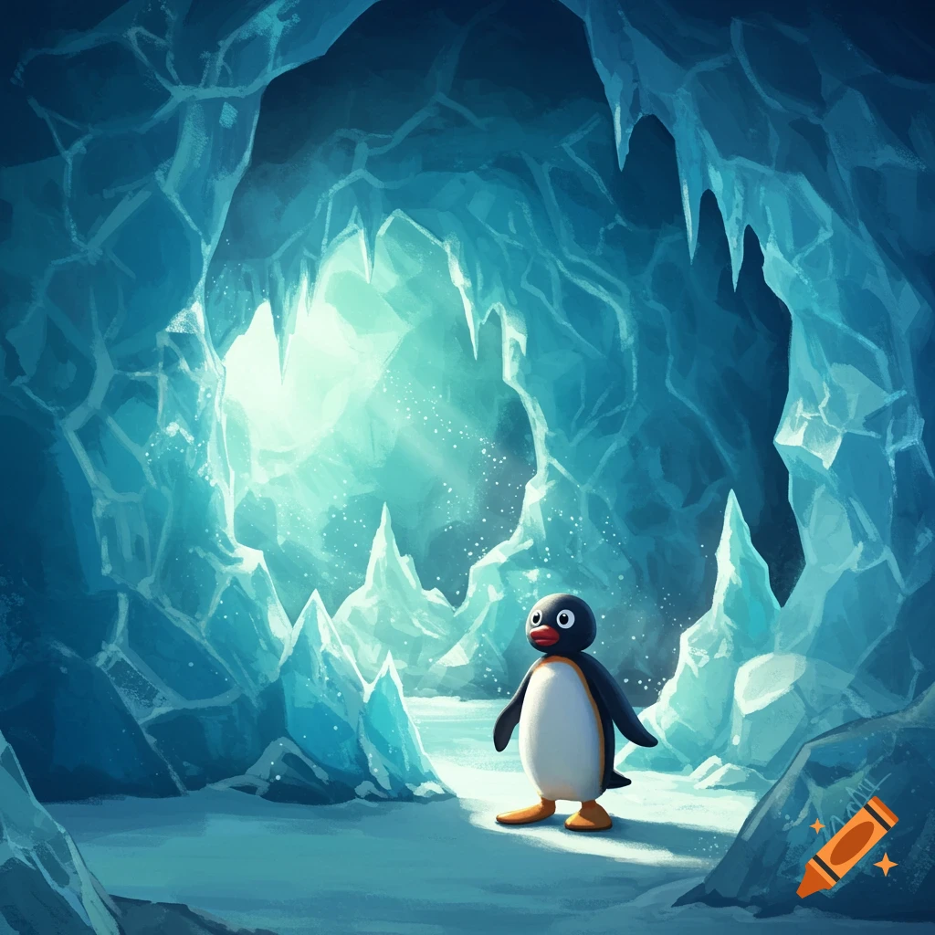 Pingu exploring a glistening ice cave with bright light filtering in.
