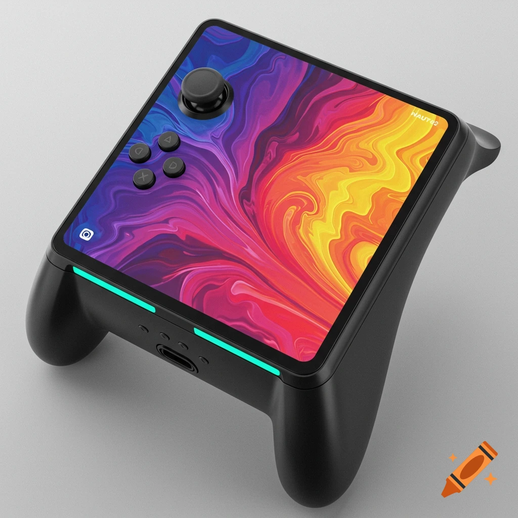 A black handheld gaming device shows a vibrant, abstract image on its screen.