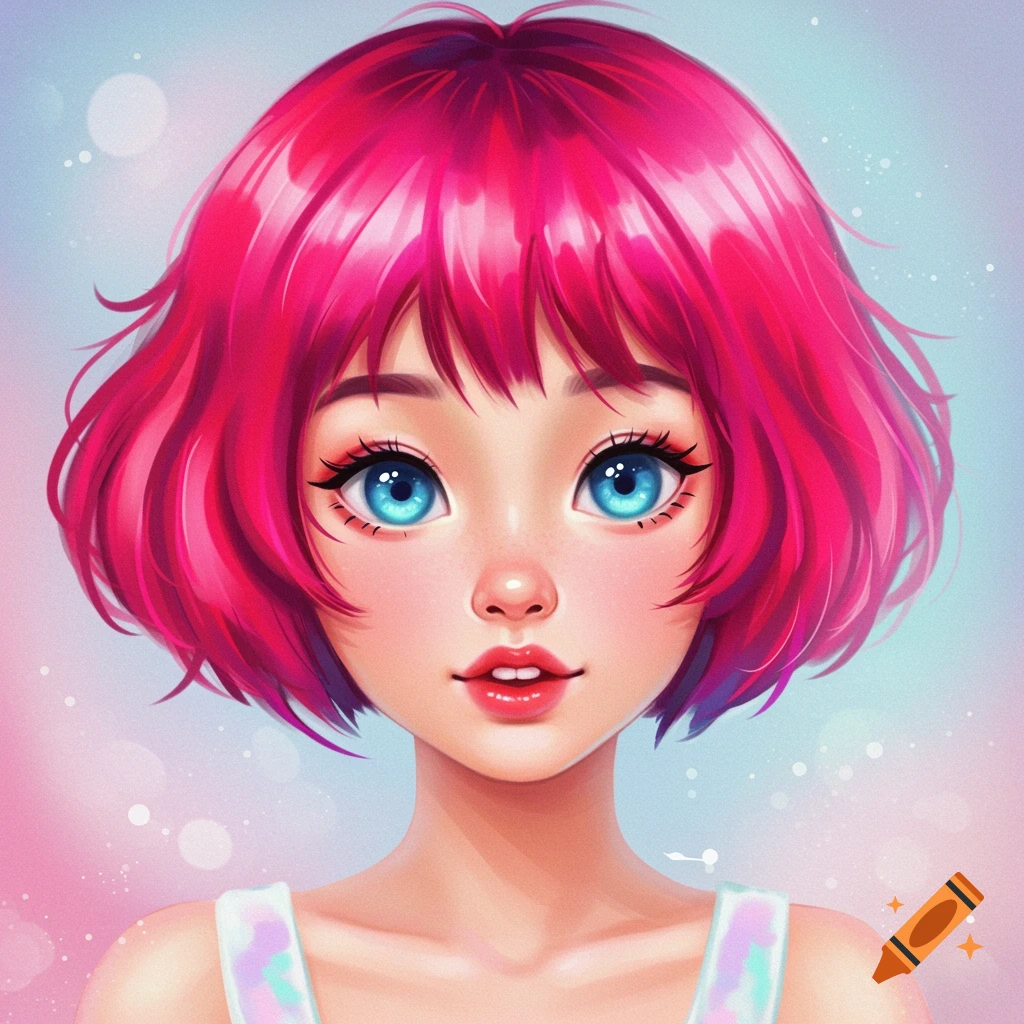 A young girl with short pink hair and large blue eyes, in anime style.