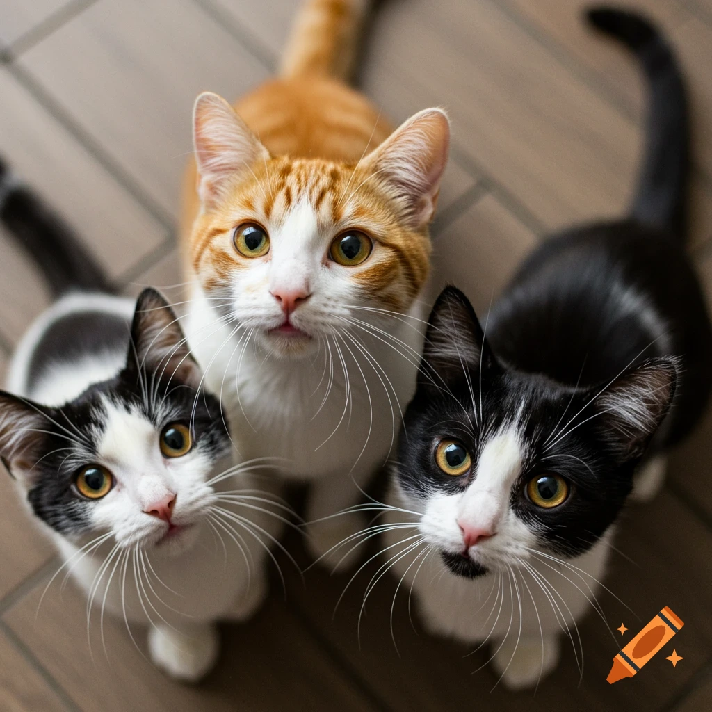Three cats look up at the camera
