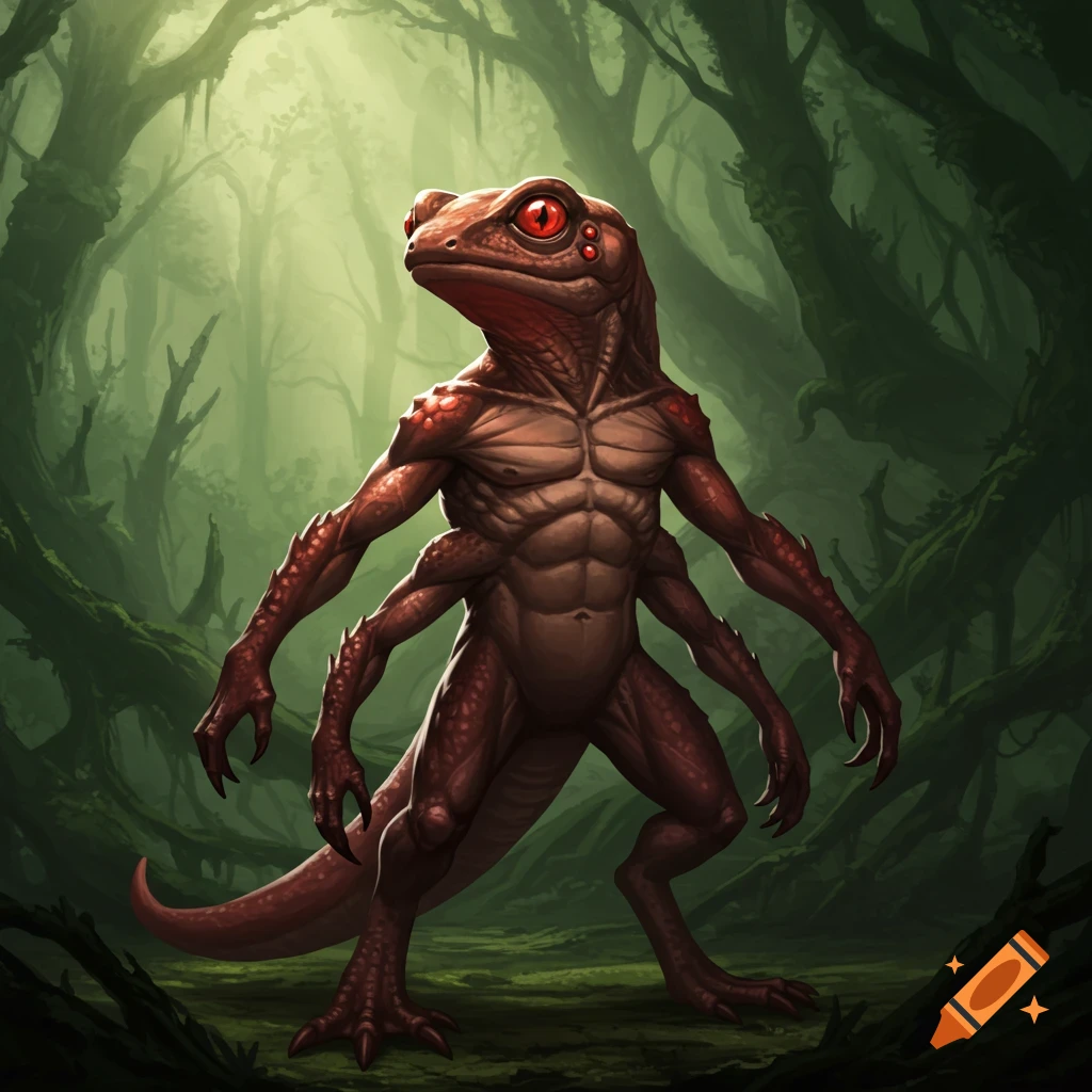 Bipedal salamander creature with four arms and red eyes stands in a dark forest.
