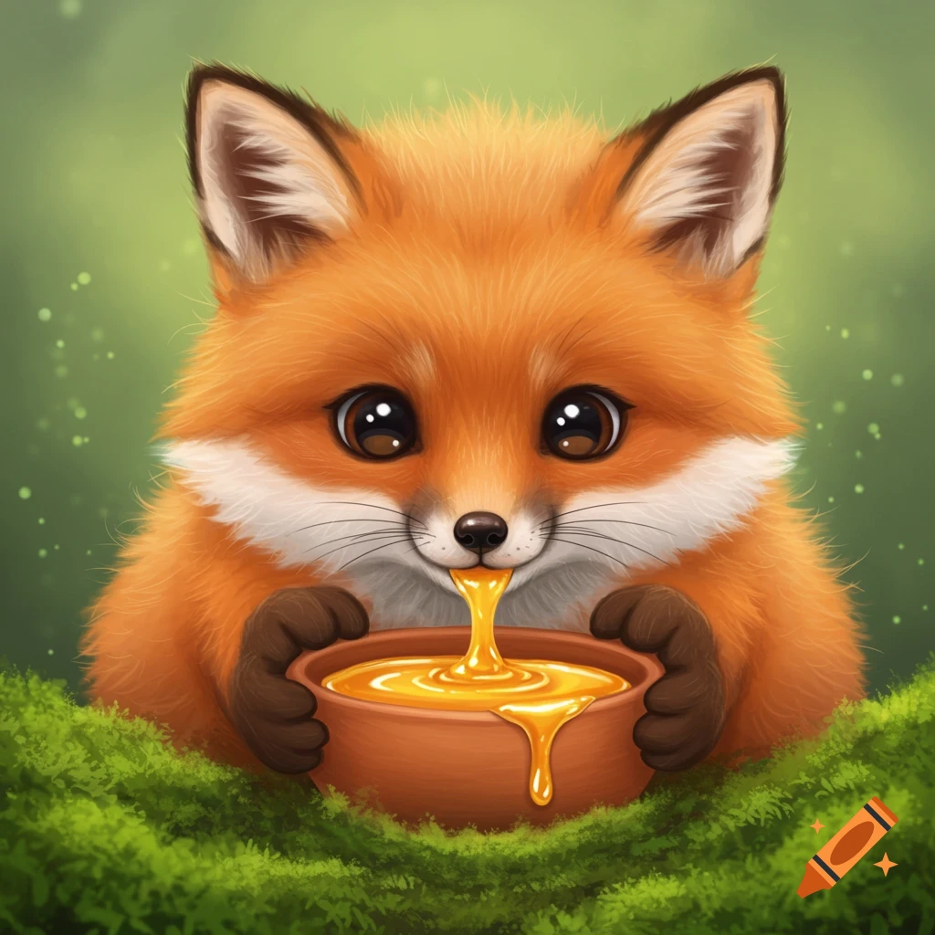 An illustration of a cute baby fox eating honey from a bowl in a forest setting.