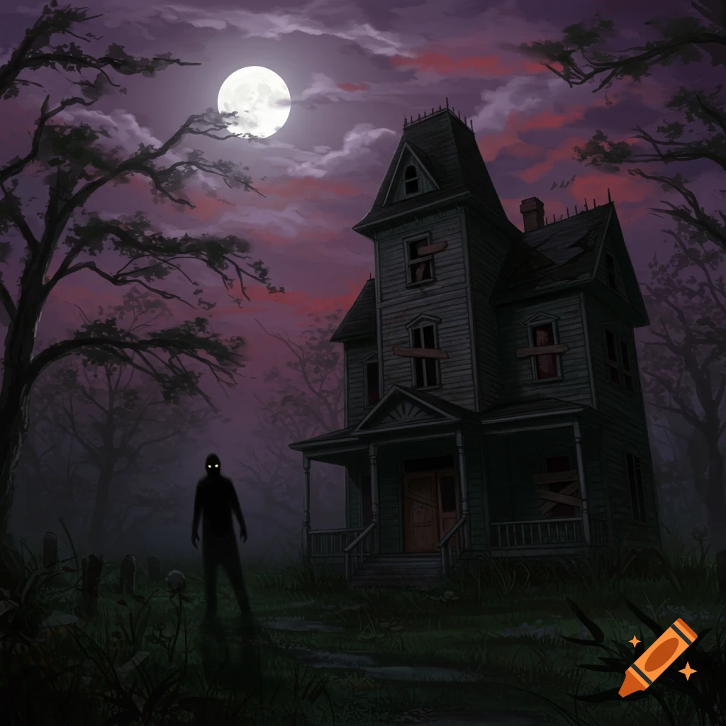a spooky haunted house, figure with glowing eyes, and cemetery under a full moon at night.