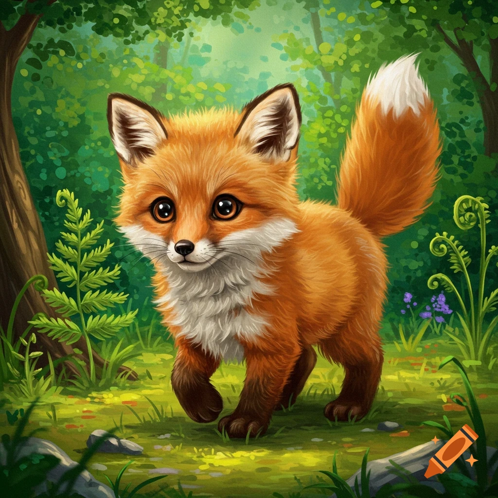 A cute image of a little fox walking in a forest.