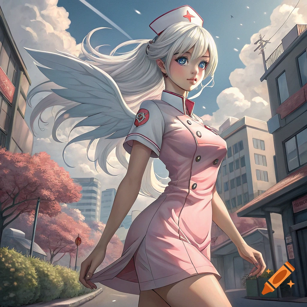 An anime woman with white hair and wings wears a pink nurse dress and walks down a street with buildings and cherry blossom trees.