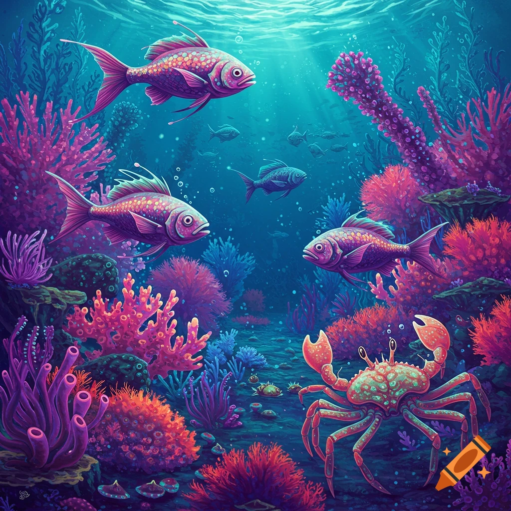 Colorful scene of fish and a crab swimming among vibrant coral on the ocean floor.