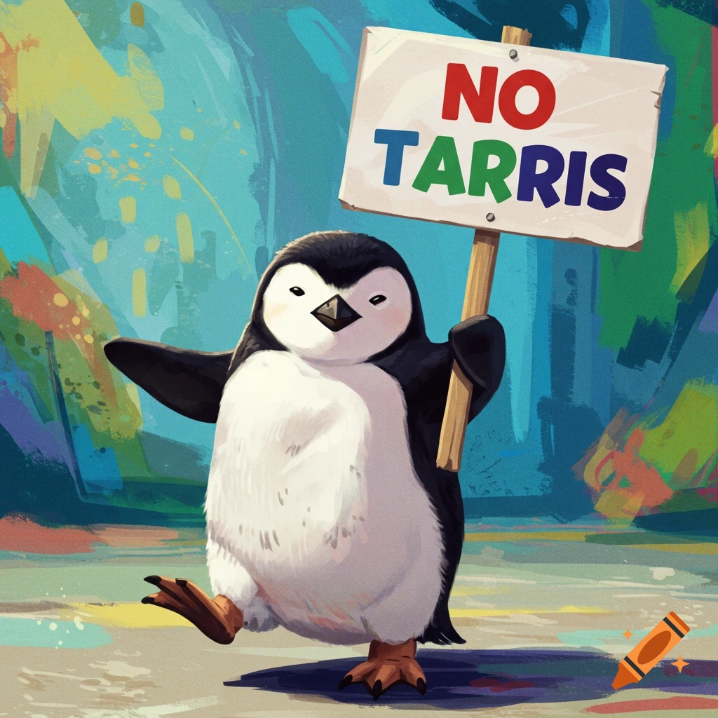 A cute penguin holding a sign that reads 'NO TARRIS'.