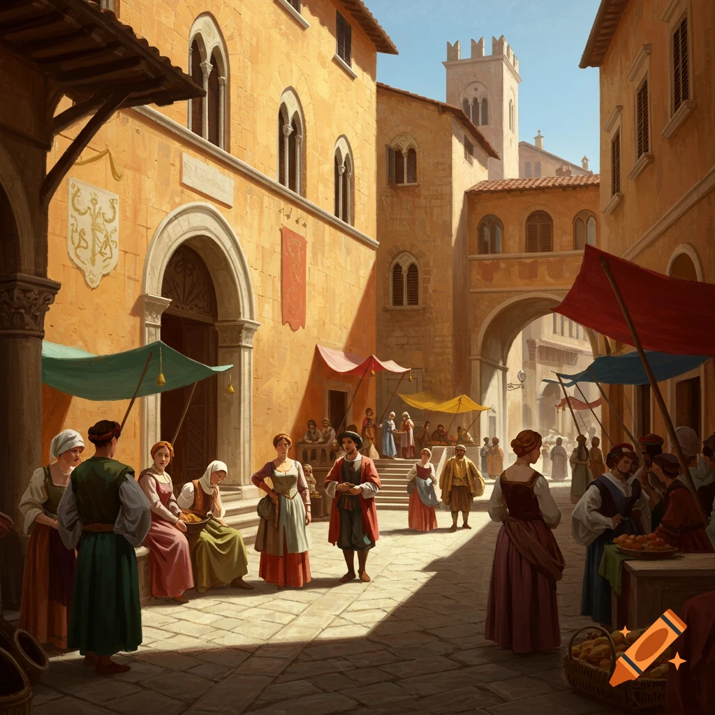 A busy street scene in a Renaissance town.