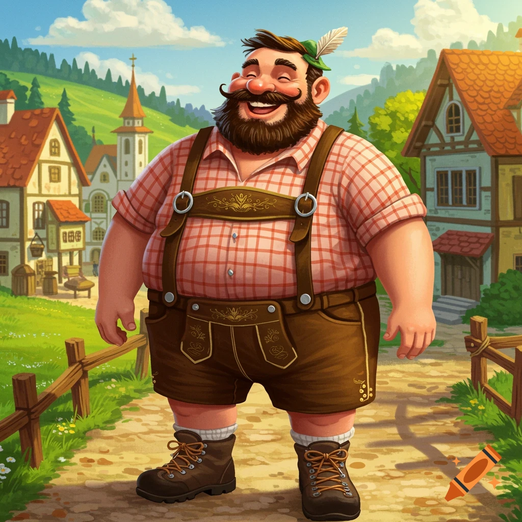 Cheerful man in Bavarian lederhosen in a village, vibrant style.