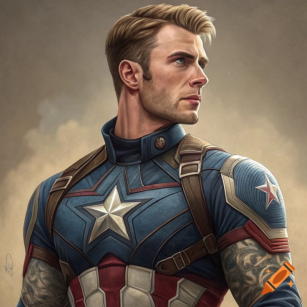 Portrait of Captain America with tattoos looking sideways