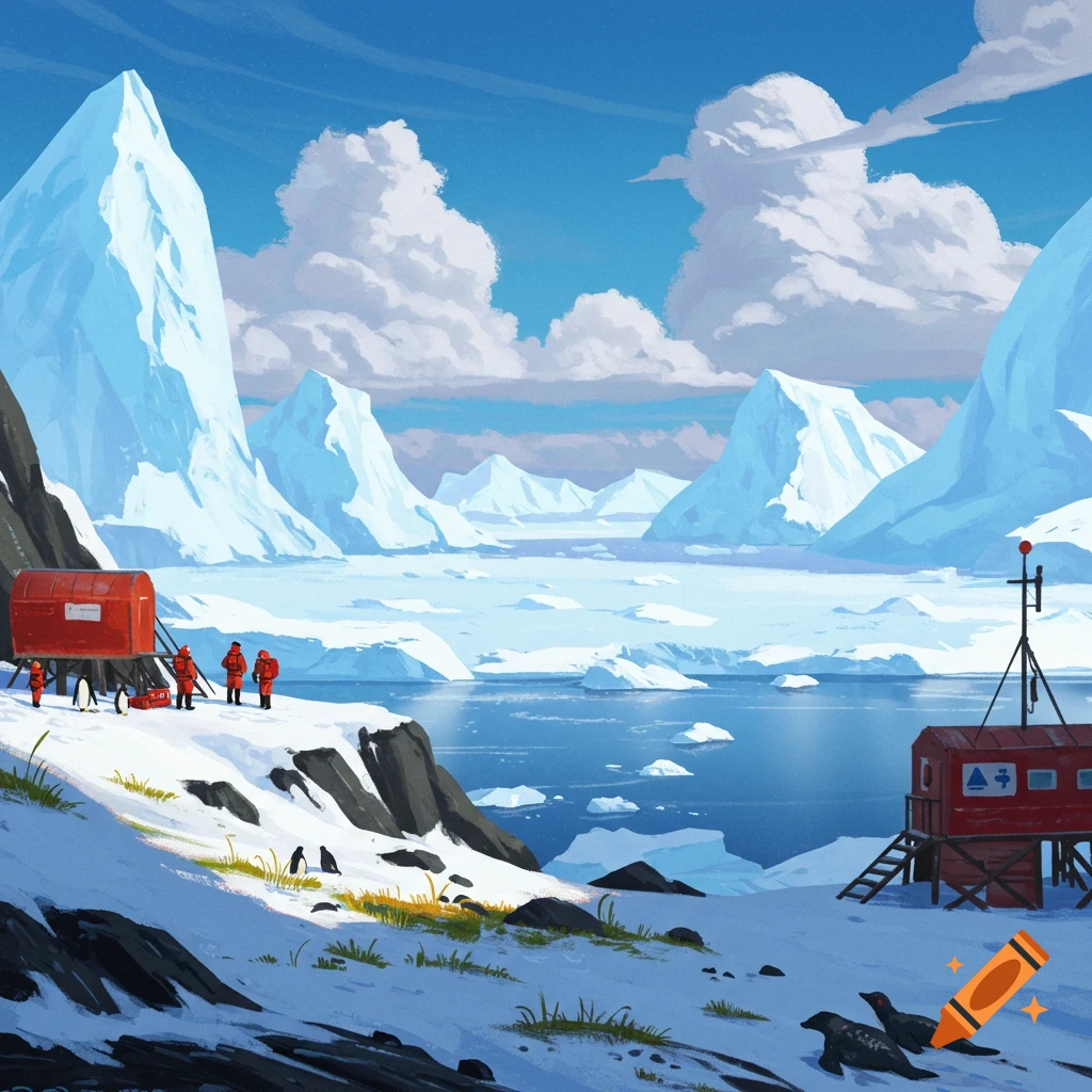 An Antarctic scene with research buildings, mountains, icebergs, researchers, penguins, and seals.