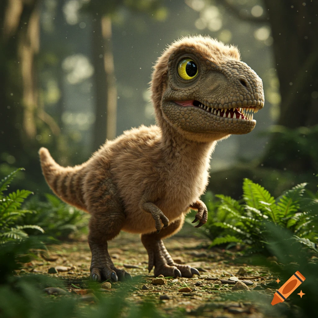 Cute baby T-Rex standing in a lush forest with sunlight filtering through trees