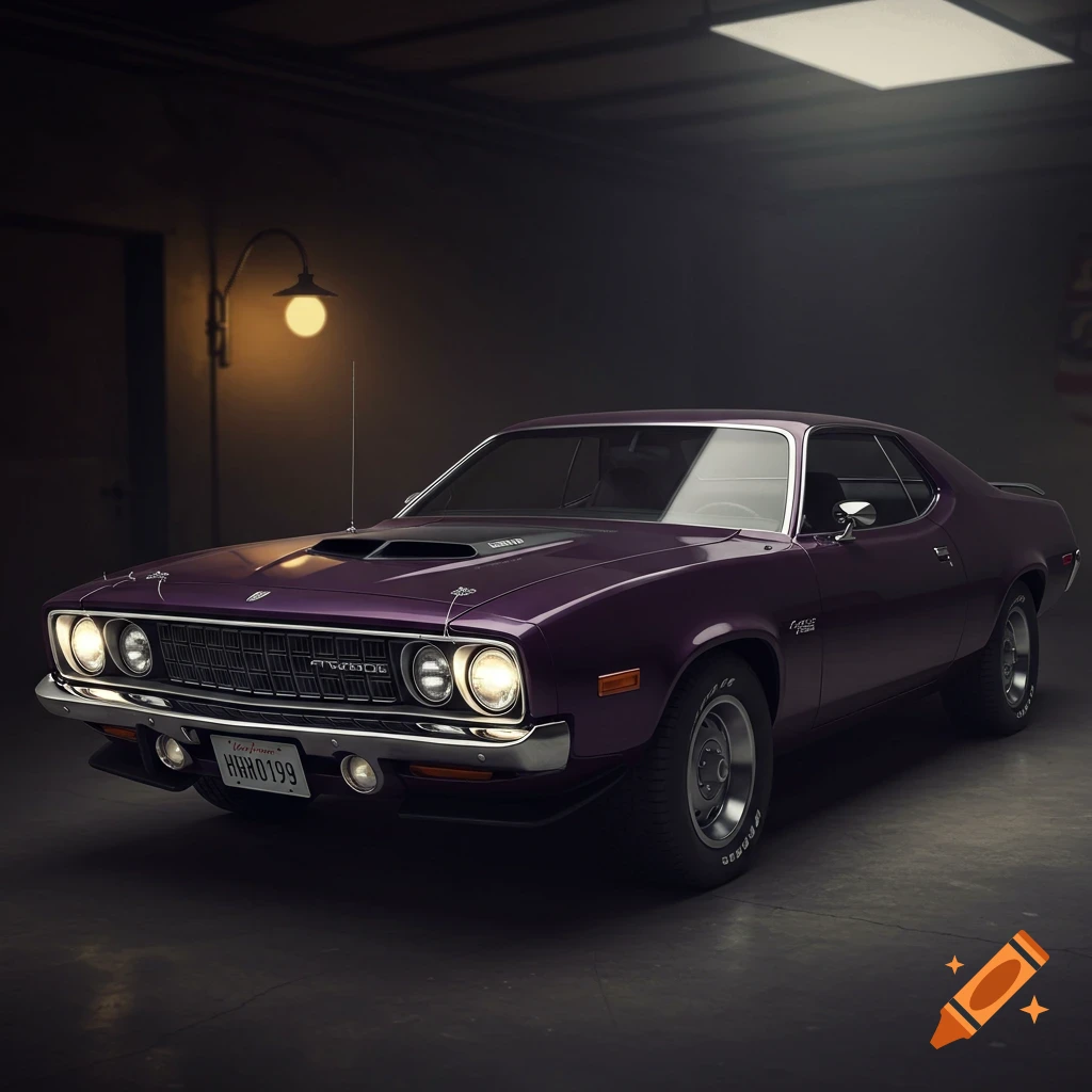 A dark purple 1973 Plymouth Road Runner in a dimly lit garage.