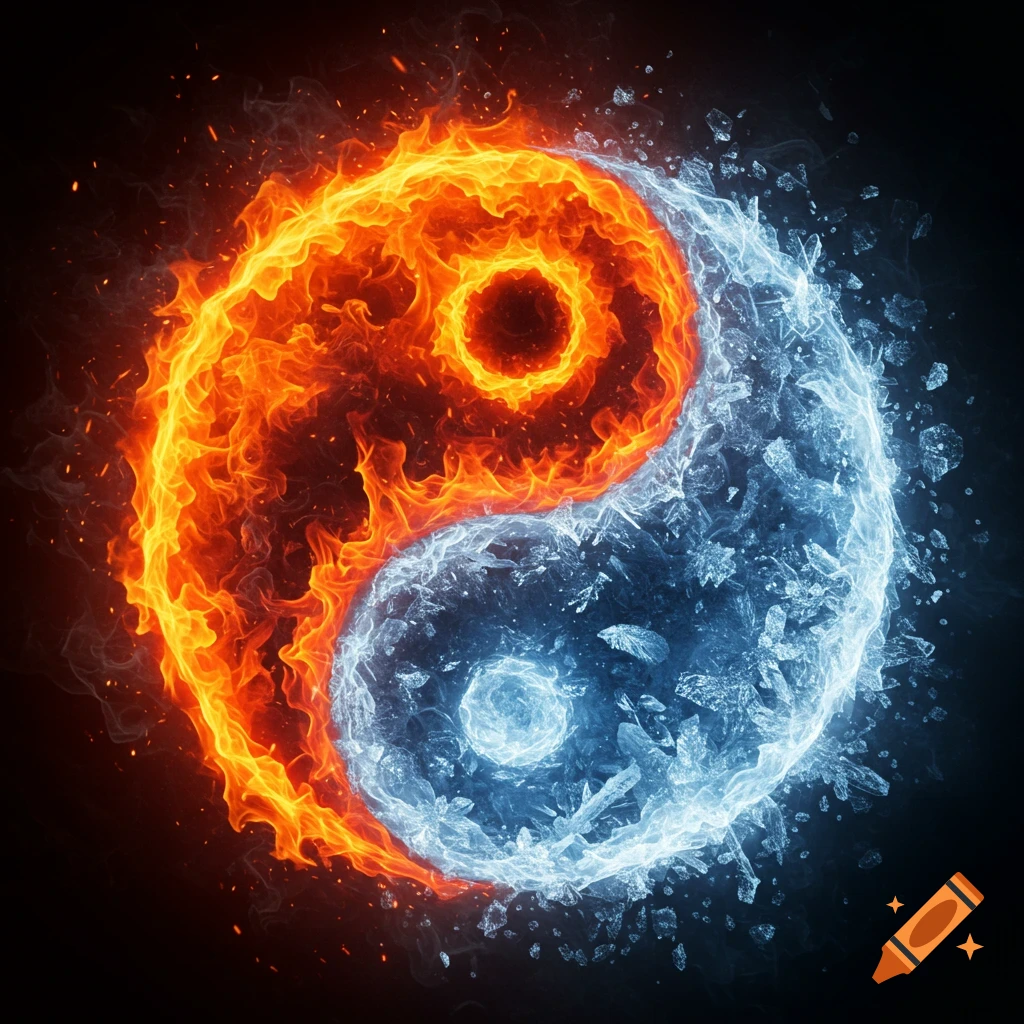 Yin Yang symbol made of realistic fire and ice.