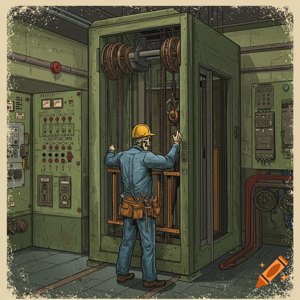 A skeleton mechanic in a hard hat and tool belt works on a large elevator machine in a gritty industrial room, in a vintage screen print style.
