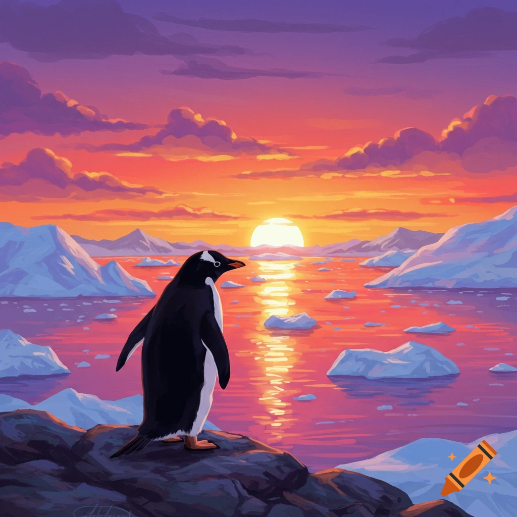 A penguin stands on a rock, overlooking icy water with icebergs under a vibrant sunset.